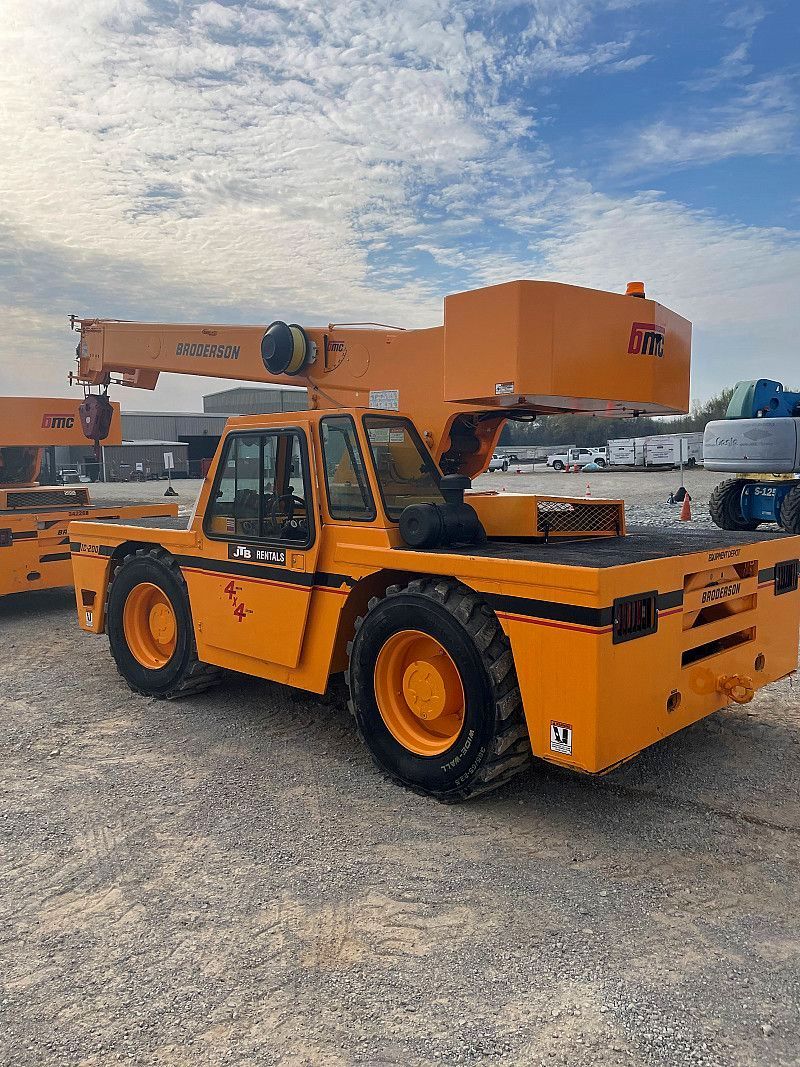 Broderson IC-200 15-ton carry deck crane with 73 ft 10 in tip height and 4-wheel steer