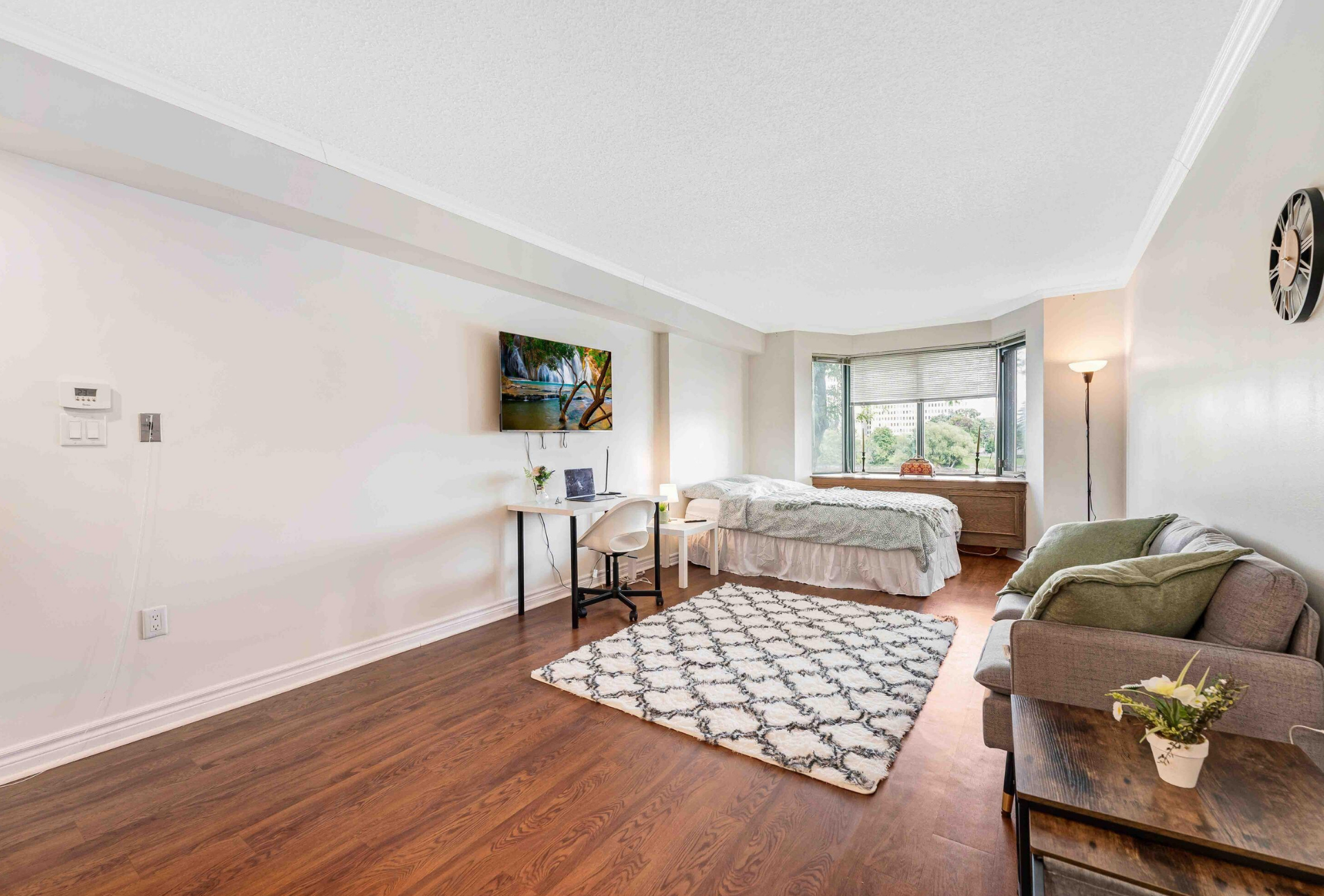 Studio apartment with bed, desk, sofa, TV, rug, and dark wood floors. White walls and ceiling.