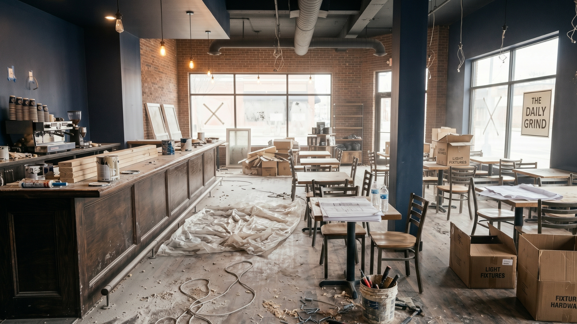 A curved stainless steel bar with white stools in a modern, brightly lit restaurant with hanging cuts of meat.