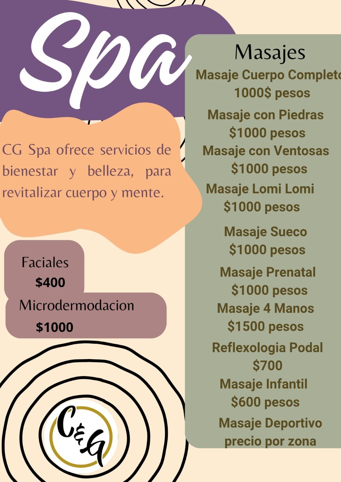 Menú de spa con servicios de masajes y faciales, precios expresados ​​en pesos.