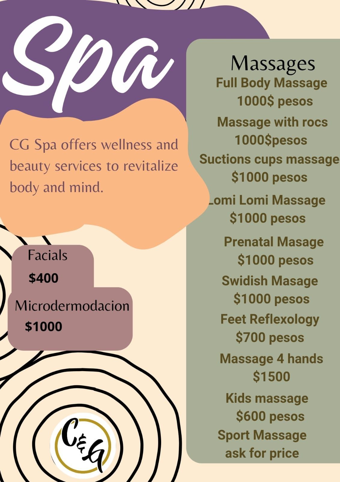 Spa menu: massages, facials, and microdermabrasion; prices listed in pesos.