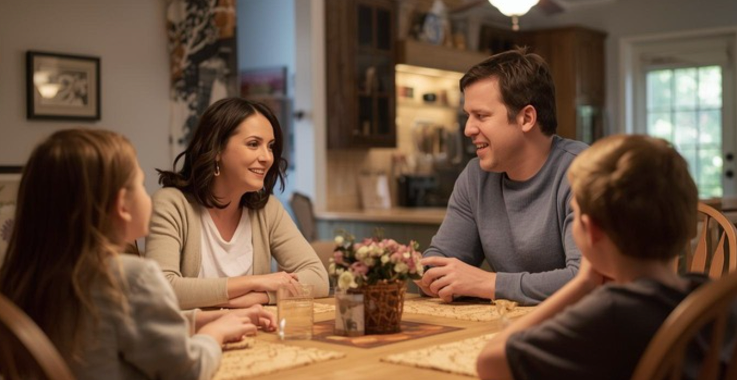 A family of four sits around a dining table in a warm, lit room, engaged in conversation during a meal.