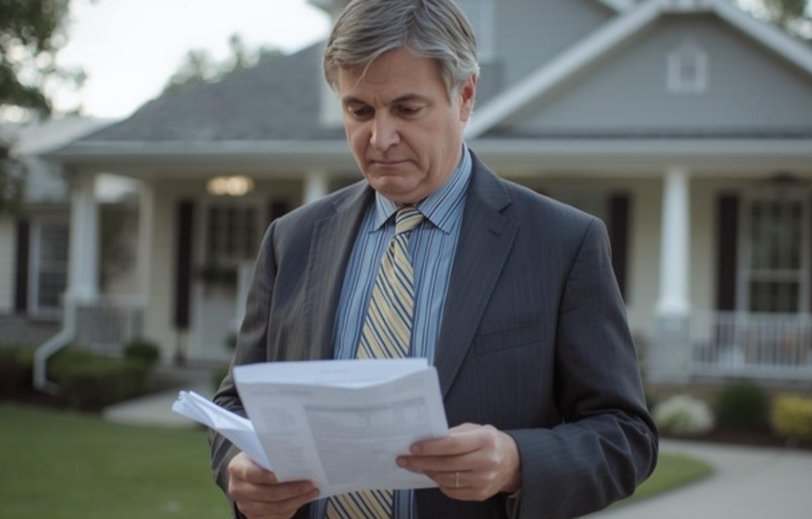 A person in a suit and striped tie looking down at documents in their hands while standing in front of a house.