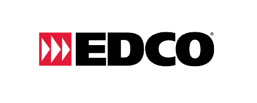The black EDCO logo to the right of a red square containing three white right-pointing arrows.