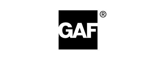 The black-and-white GAF company logo featuring the white letters