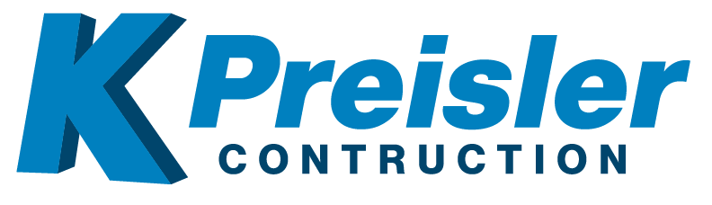 A blue logo for Preisler Construction, featuring a large, stylized 3D letter