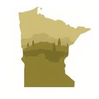 A gold-toned map of Minnesota featuring a silhouette of a forest landscape inside.