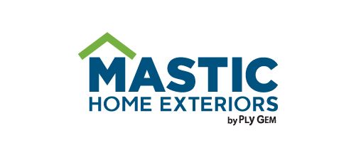 Logo for Mastic Home Exteriors by Ply Gem featuring a green roof graphic over dark blue text on a white background.