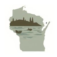 A silhouette of Wisconsin filled with an illustration of a landscape with a body of water and silhouettes of boats.