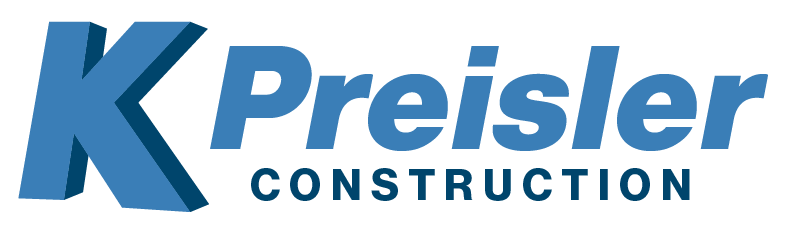 A blue logo for Preisler Construction, featuring a large, stylized 3D letter "K" next to the company name.