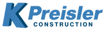 A blue logo for Preisler Construction, featuring a large, stylized 3D letter "K" next to the company name.