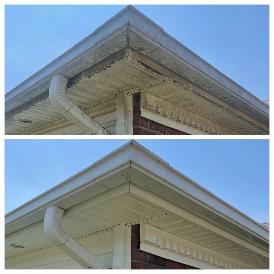 Before and after of a white gutter and soffit cleaned, showing significant improvement after washing.