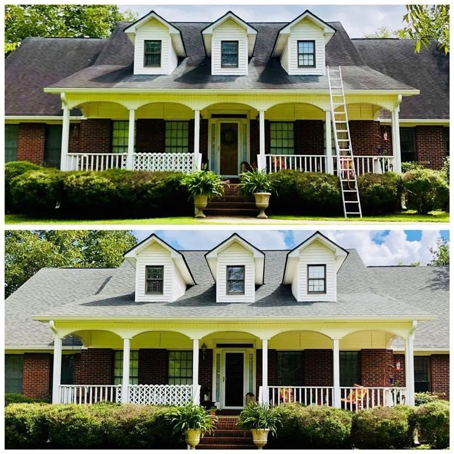 Before and after comparison of a two-story house with a clean, light green porch and clean roof.