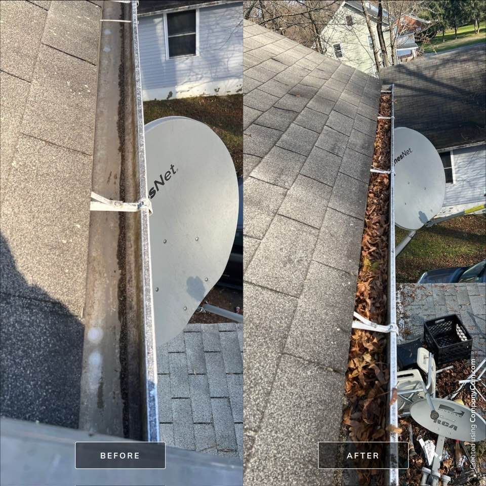 Before and after of roof gutter cleaning. Gutter shows build-up of debris and is clear after cleaning.