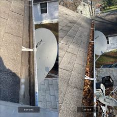 Before and after of roof gutter cleaning. Gutter shows build-up of debris and is clear after cleaning.