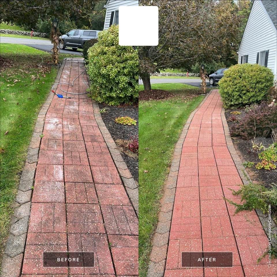 Comparison of a brick walkway before and after cleaning.