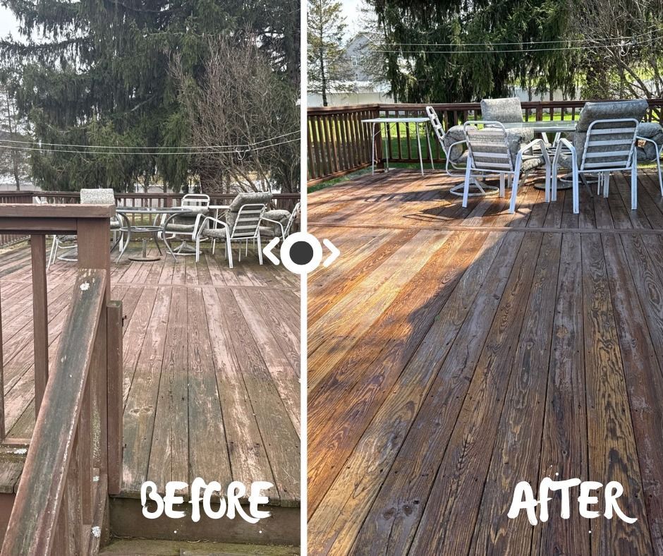 Before and after photos of a wooden deck: weathered and dirty versus clean and stained, with outdoor furniture.