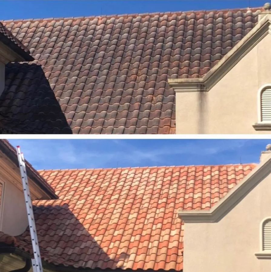Before/after photo: Cleaned red-tiled roof. Top: dull, dirty. Bottom: bright, clean tiles, adjacent beige building.