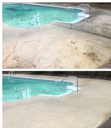 Before/after comparison of a pool and surrounding concrete; concrete cleaned, water clear.