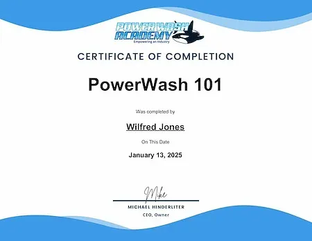 Certificate of Completion for PowerWash 101, completed by Wilfred Jones on January 13, 2025. Blue and white design.