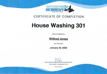 Certificate of completion: House Washing 301, awarded to Wilfred Jones, January 23, 2025.