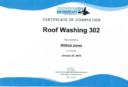 Certificate of Completion for Roof Washing 302; awarded to Wilfred Jones on January 26, 2025.
