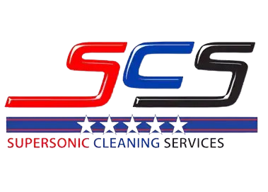 Logo for Supersonic Cleaning Services: red "S", blue "C", and black "S" above a purple bar with stars, and company name.