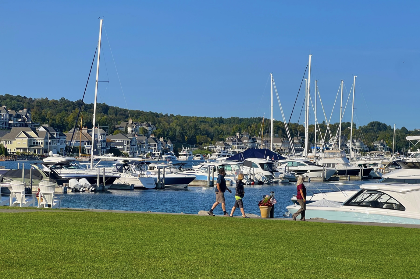 A group of people are walking in front of a marina filled with boats.