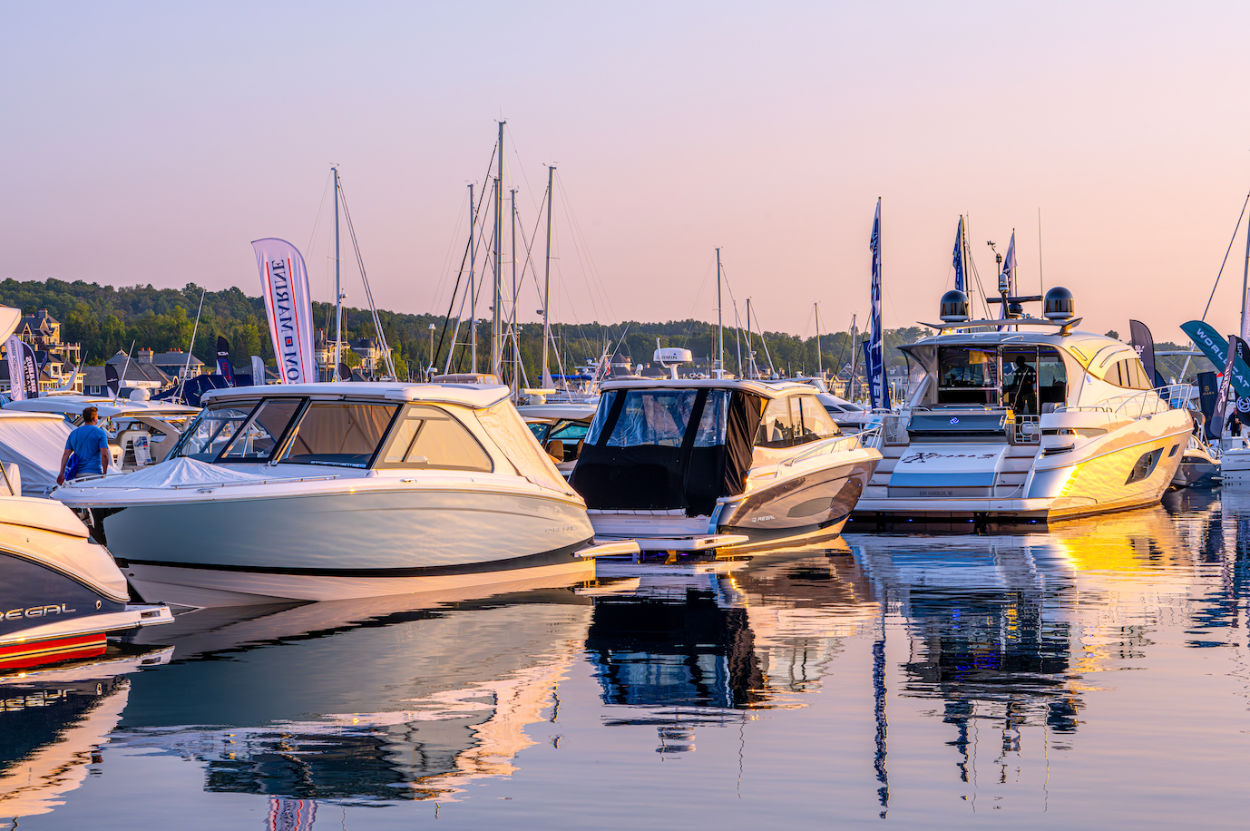 A group of boats are docked in a marina.