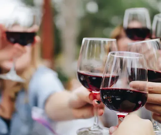 A group of people are toasting with wine glasses.