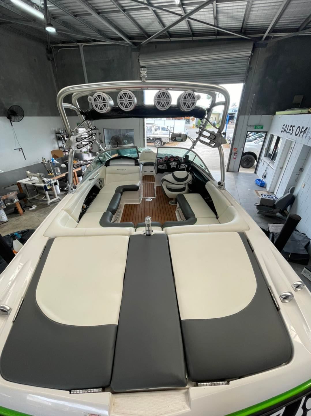Boat Interior With White And Grey Seats — Cairns Vinyl & Canvas in Bungalow, QLD