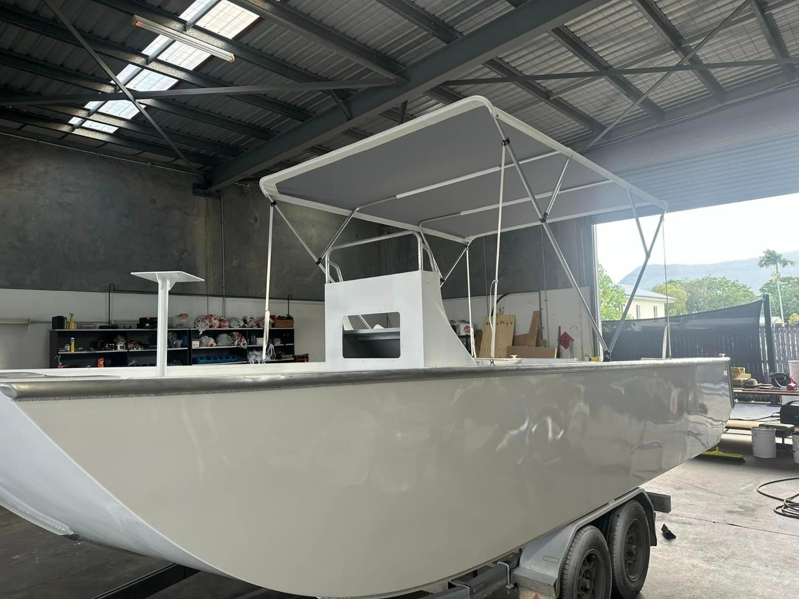 White Bimini Hooding Of The White Boat — Cairns Vinyl & Canvas in Bungalow, QLD