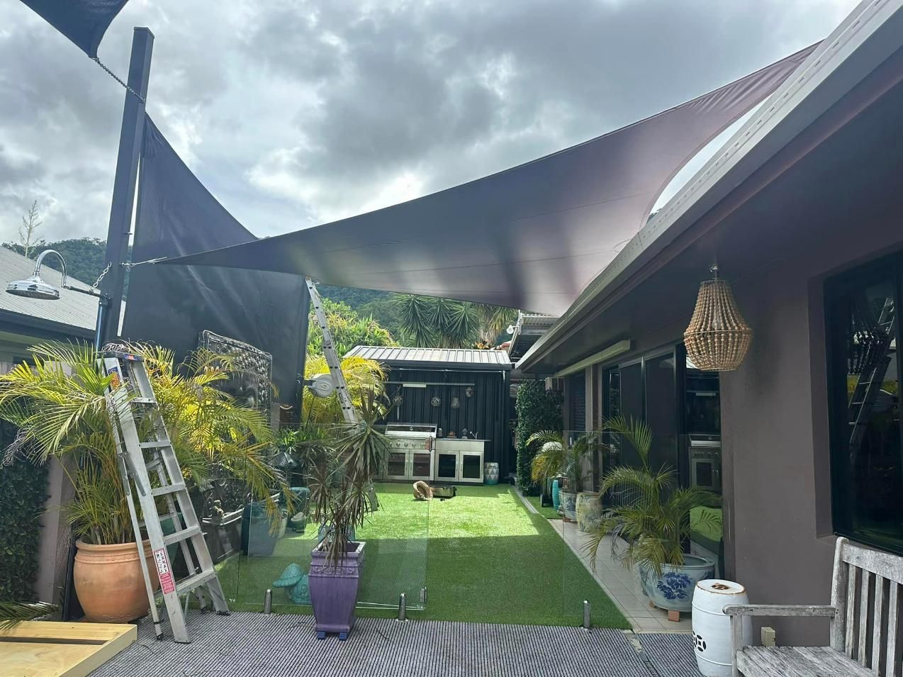 Shade Sails On The Backyard Of The House — Cairns Vinyl & Canvas in Bungalow, QLD