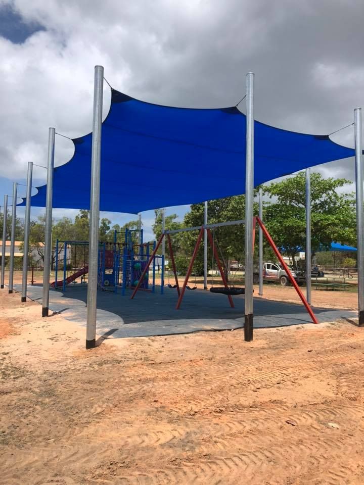 Blue Shade Sails Covering The Playground — Cairns Vinyl & Canvas in Bungalow, QLD