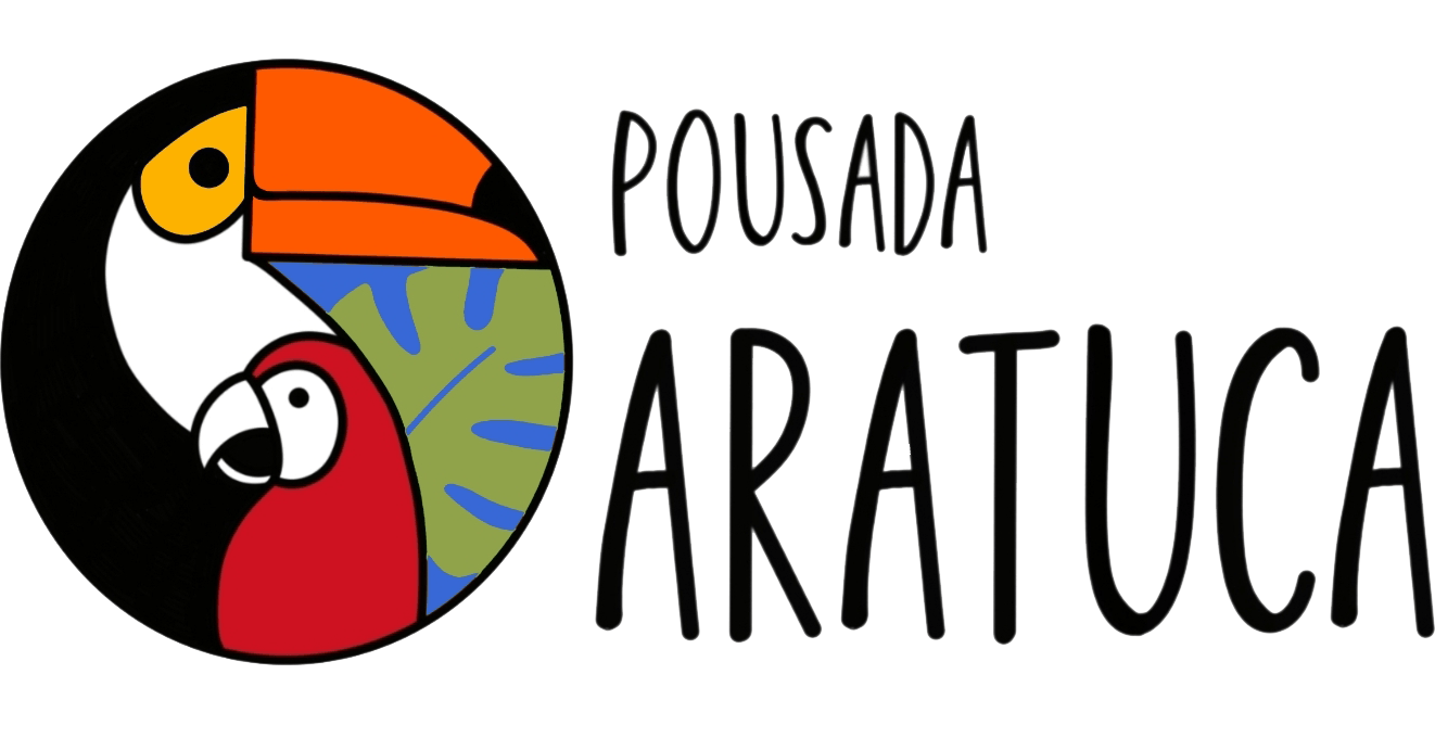 Logotipo da Pousada Aratuca apresentando um ícone circular com um tucano e uma arara sobre uma folha, ao lado do nome da marca.