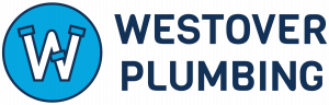 the logo for westover plumbing is a blue circle with the letter w in it .