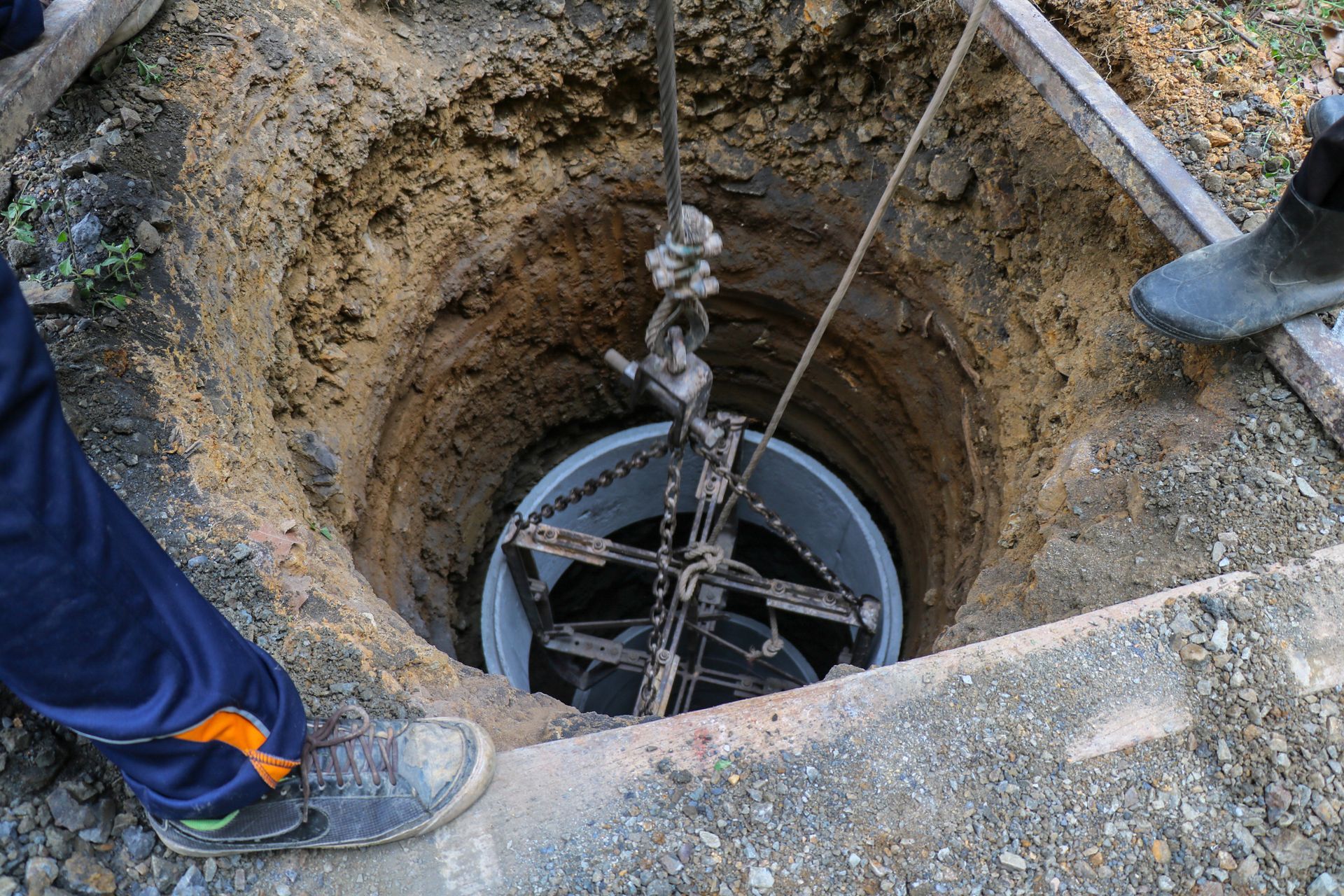 Groundwater hole dug with a drilling machine, made for a water well.