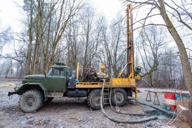 Hydraulic well drilling machine installed on a truck. It is in front of a blurry white forest background.
