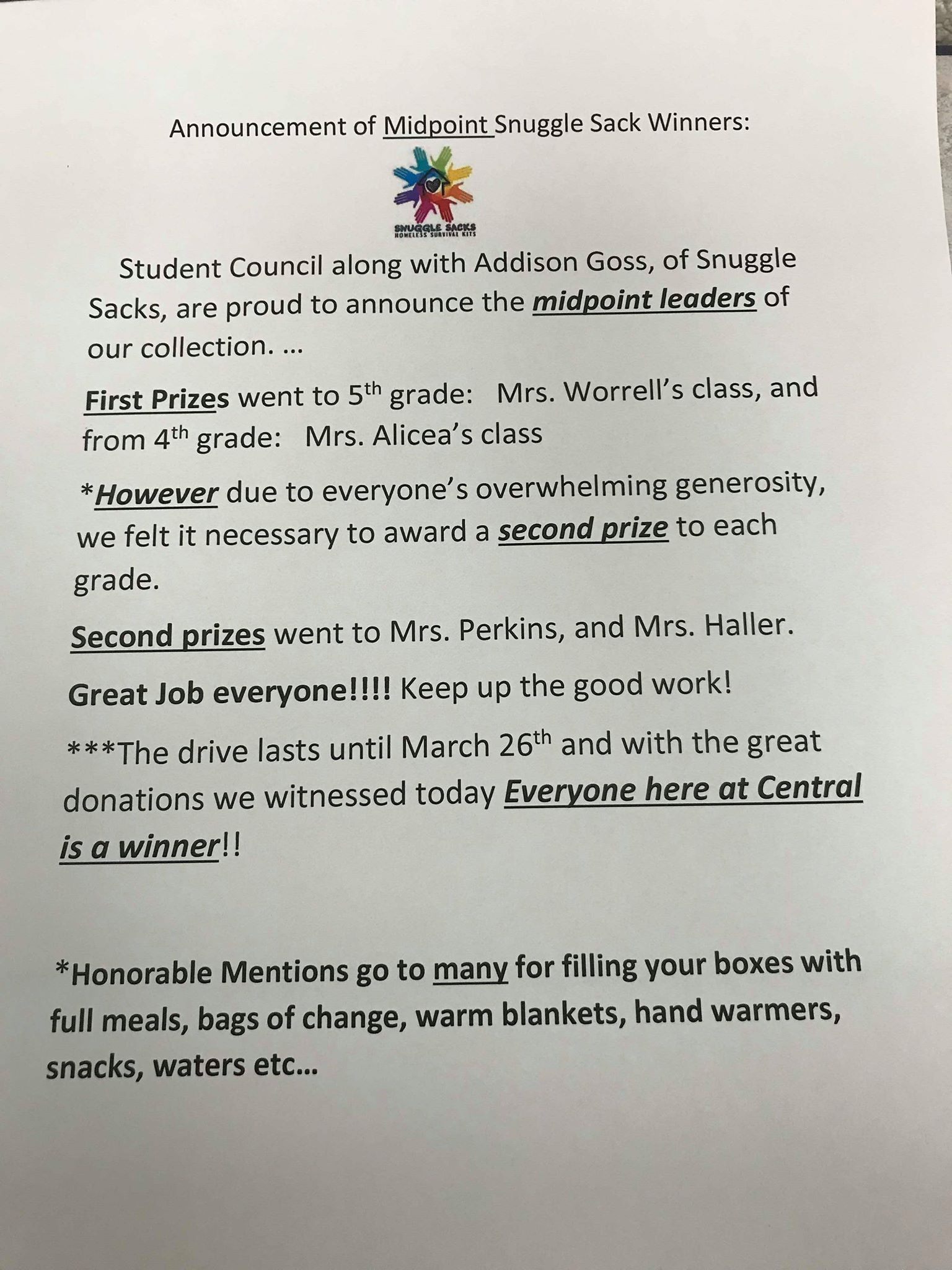 Central Elementary Snuggle Snack Donation Drive