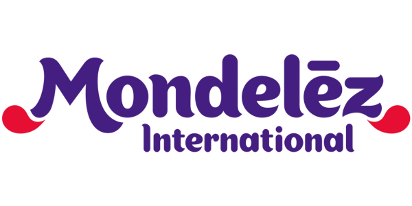 The logo for mondelez international is purple and red