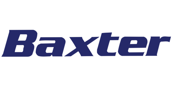 A blue and white logo for baxter on a white background
