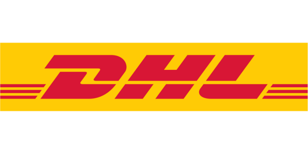 A yellow and red dhl logo on a white background