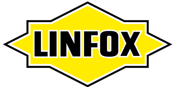 A yellow and black logo for linfox on a white background.