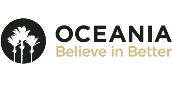 A logo for oceania believe in better with palm trees in a circle