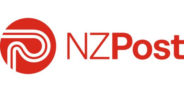 A red and white logo for nzpost on a white background