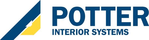 A blue and yellow logo for potter interior systems