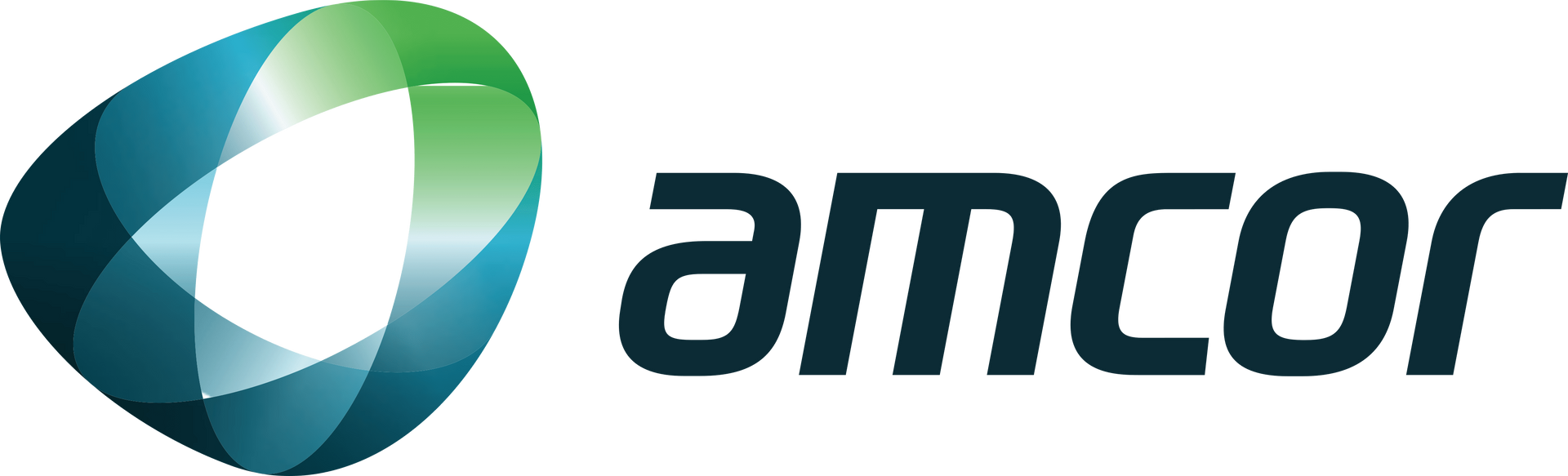 The logo for amcor is a blue and green circle with a leaf in the middle.