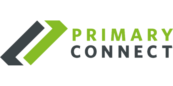 A logo for primary connect with a green arrow