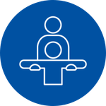 An icon of a person sitting at a table in a blue circle.