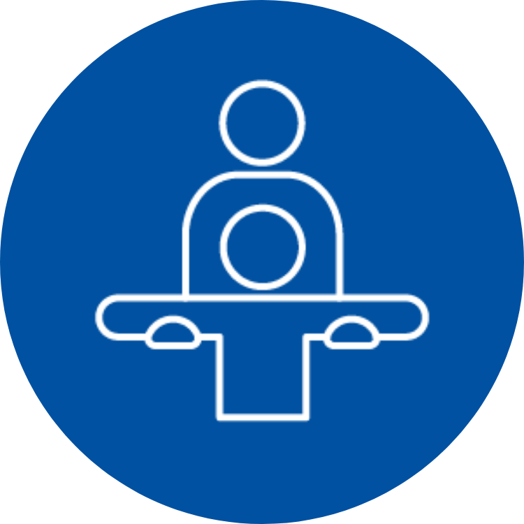 An icon of a person sitting at a table in a blue circle.
